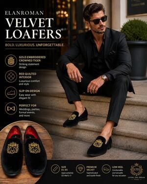 ELANROMAN Mens Black Velvet Tiger Crown Loafers Gold Embroidery Size US 11